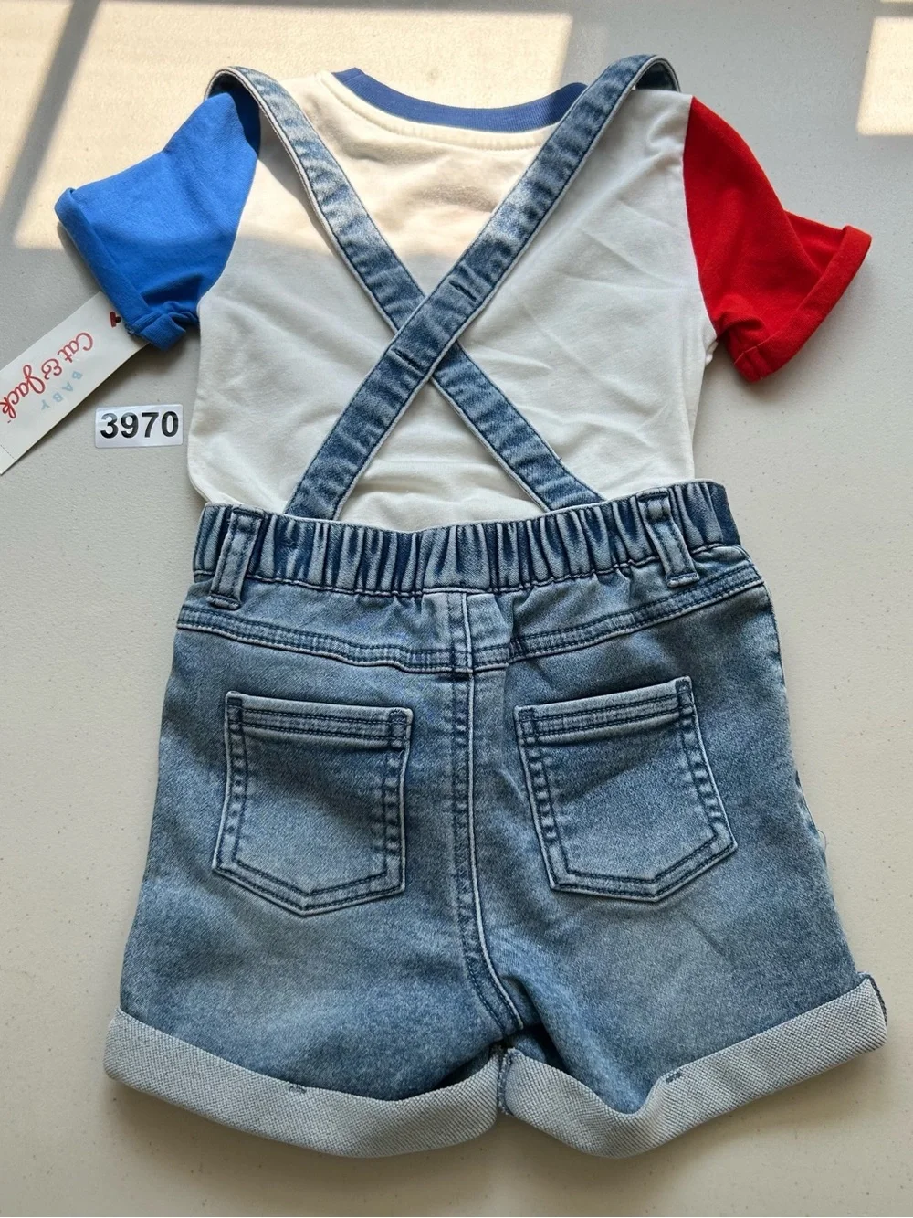 Cat & Jack 2-Piece Denim Overall Shorts & Colorblock T-Shirt Set 18 M